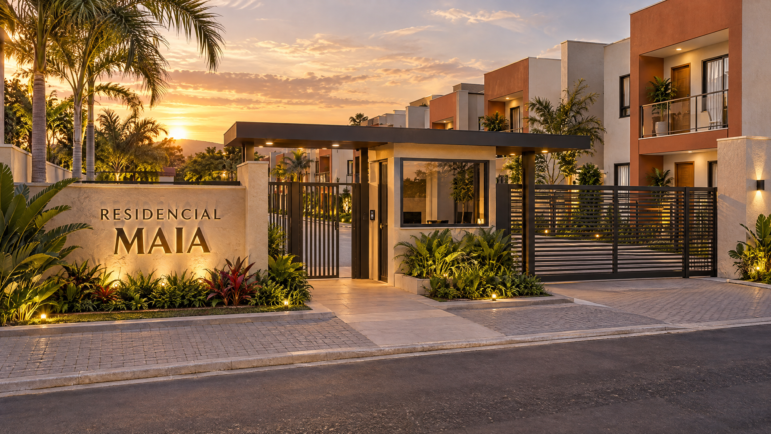 Entrada principal iluminada do Residencial Maia