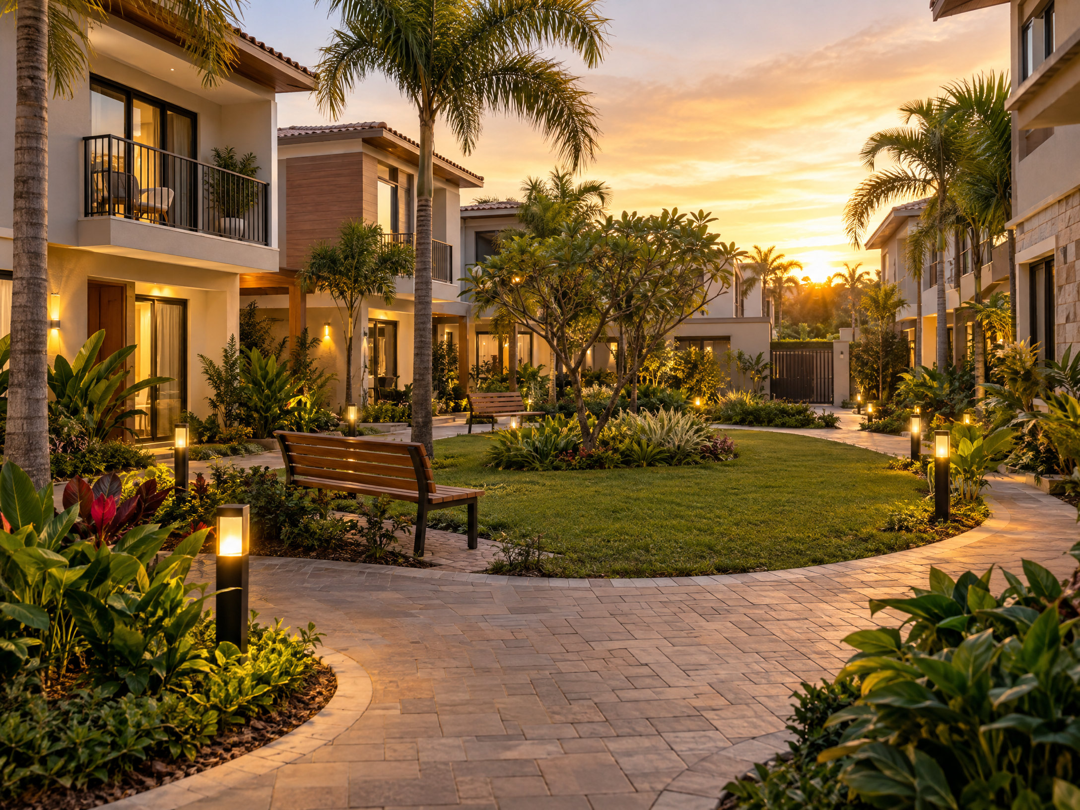 Jardim comunitário com casas ao fundo